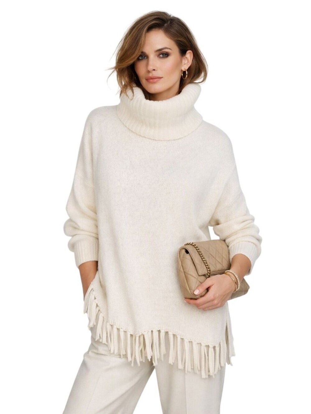 Lauren Ralph Lauren Long Turtleneck Sweater Fringe Hem Cream L Western Old Money